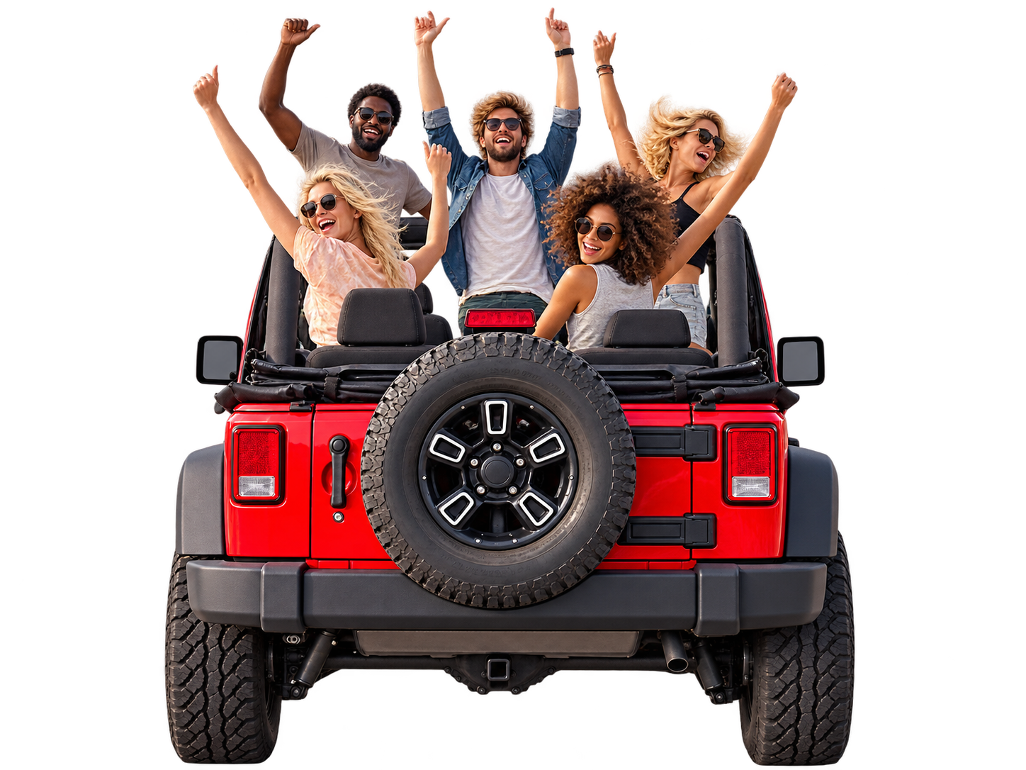 Grupo celebrando en un jeep descapotable
